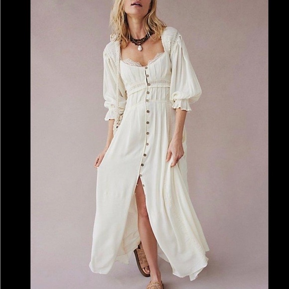 Free People Dresses & Skirts - Free People Lace-Trim Button-Front Maxi Dress - Cream